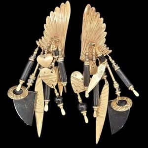 Tabra Vintage Angel Wing Earrings in Gold Filled with Black Accents, 80s Retro
